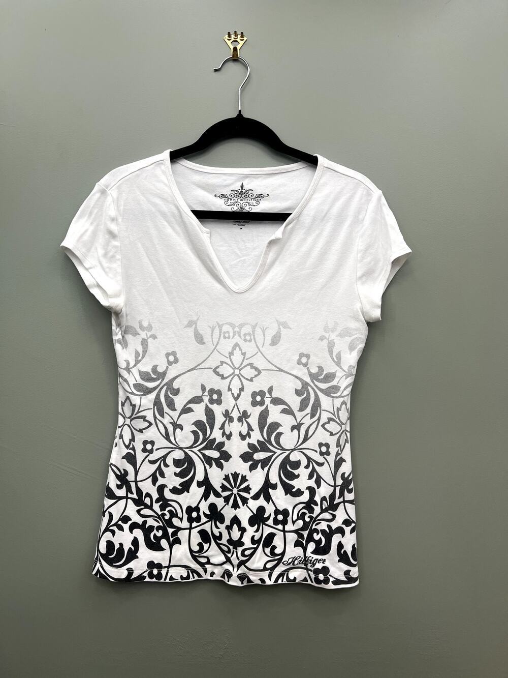Tommy Hilfiger White Floral Scroll Graphic Tee Y2K Fitted Cotton Top Medium